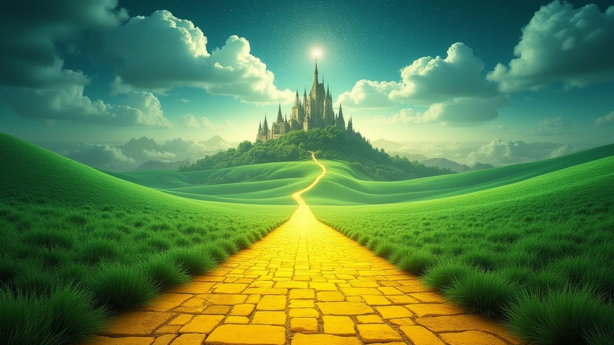 A yellow brick road leading to the Emerald City under a bright sky.