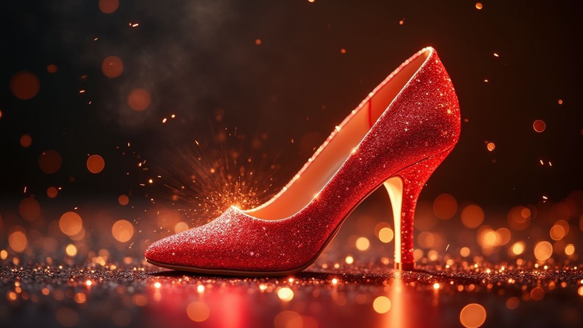 A shiny ruby slipper surrounded by magical sparkles and fairy dust.