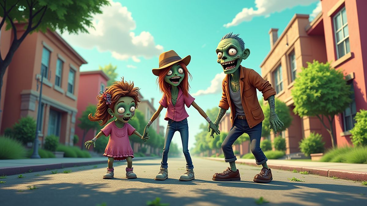 Familie von Zombies in einer bunten Vorstadtstraße.