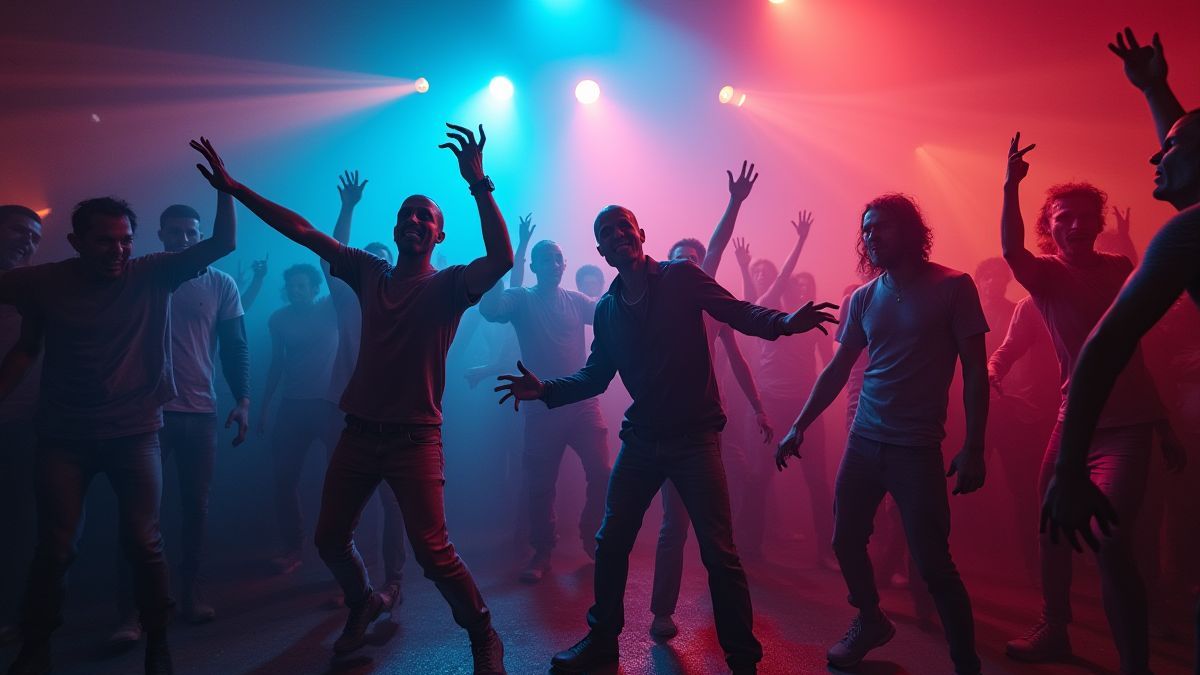 Gruppe von Zombies, die unter bunten Diskolichtern tanzen.