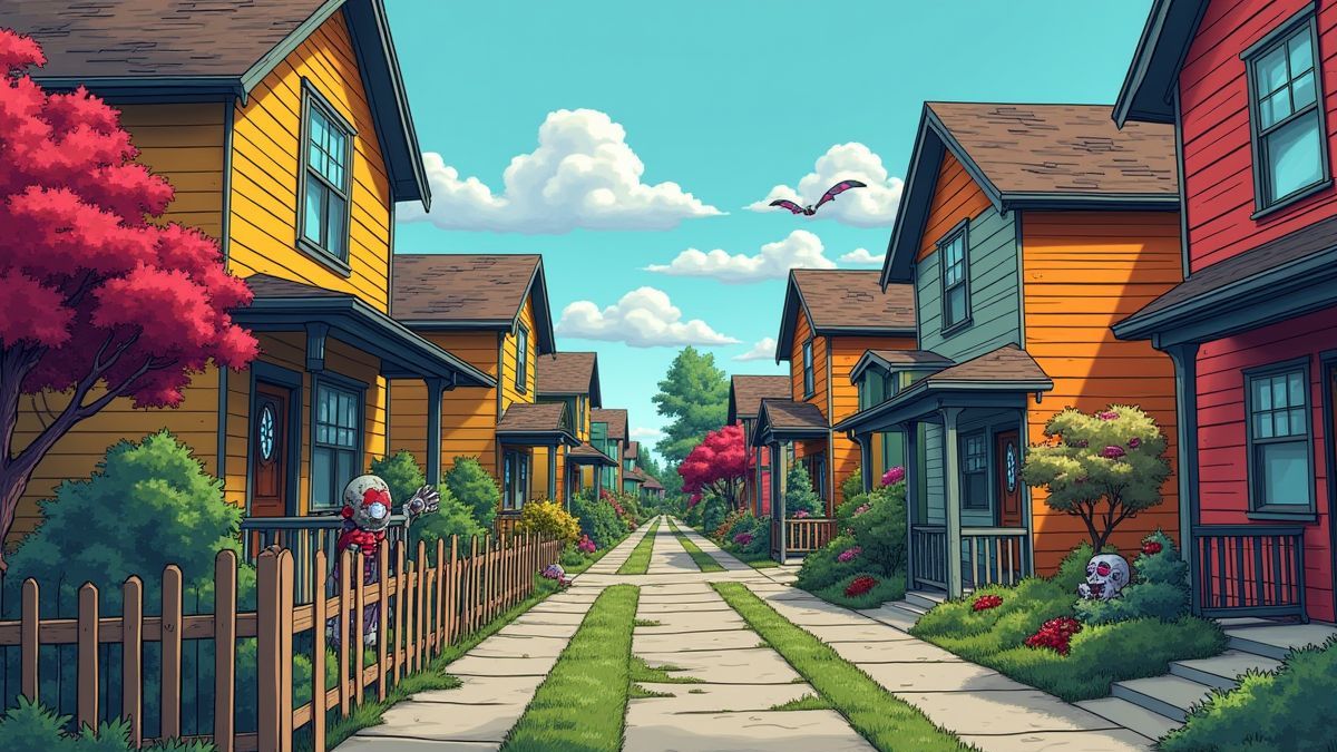 Bunte Vorstadt mit Zombie-Dekorationen.