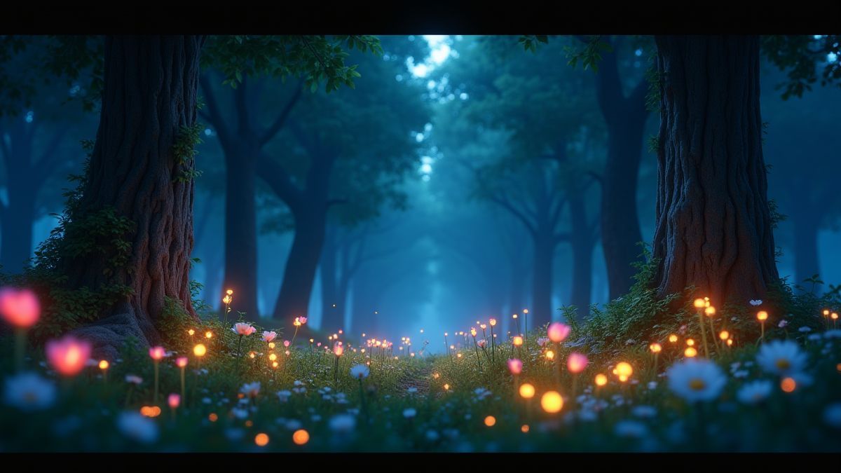 Un bosque mágico lleno de flores vibrantes y luciérnagas.