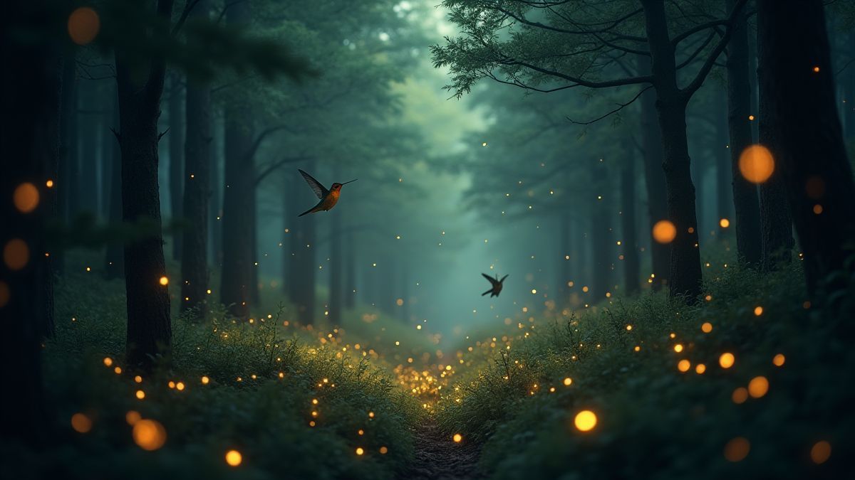 Un bosque lleno de colibríes y luces mágicas.