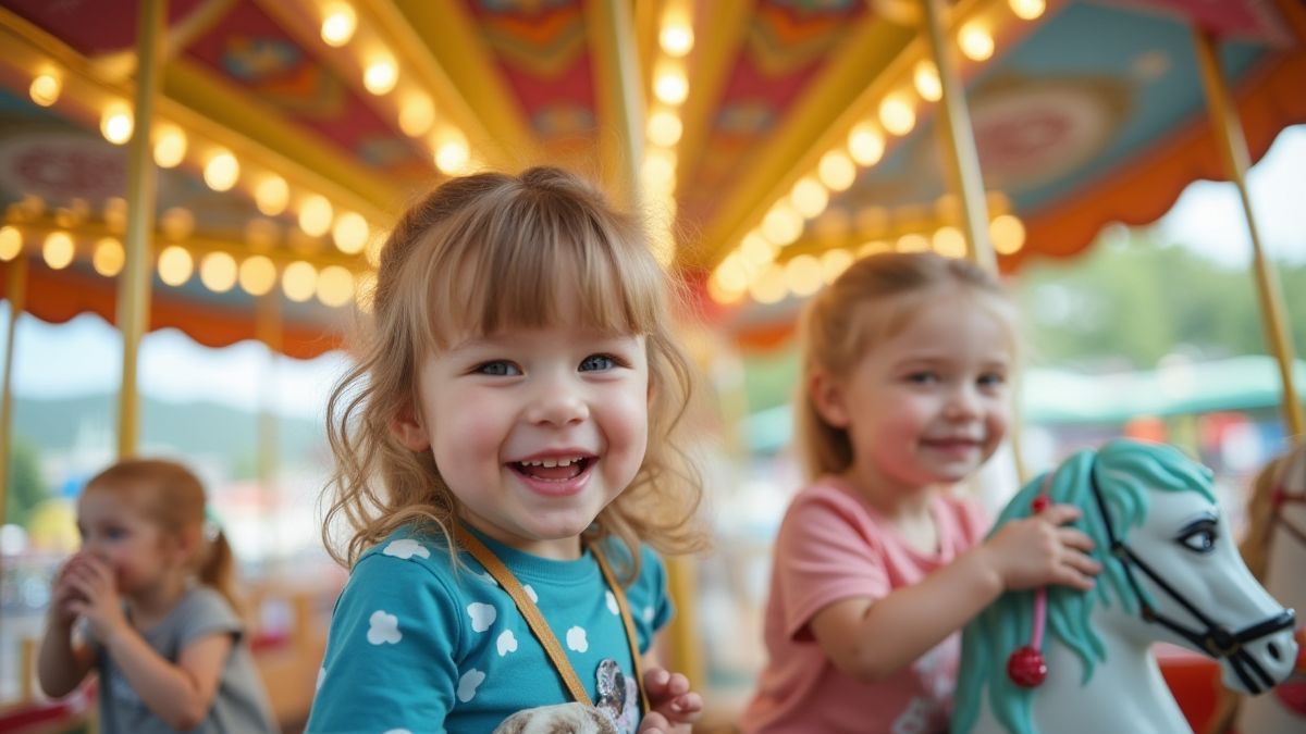 Animated carousel in a theme park full of color.