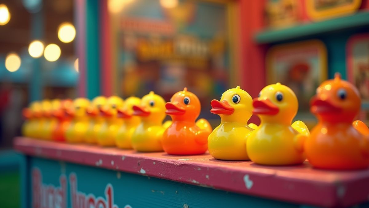 Fair game with ducks lined up to win prizes.