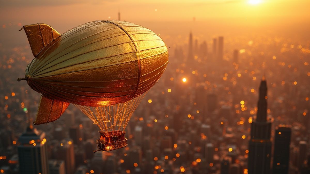 Un zeppelin dorado volando sobre un paisaje urbano brillante.