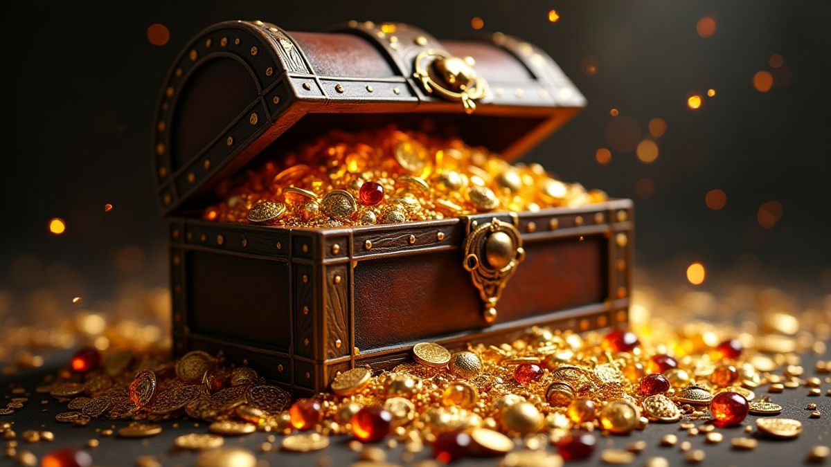 Un cofre del tesoro lleno de oro y joyas brillantes.