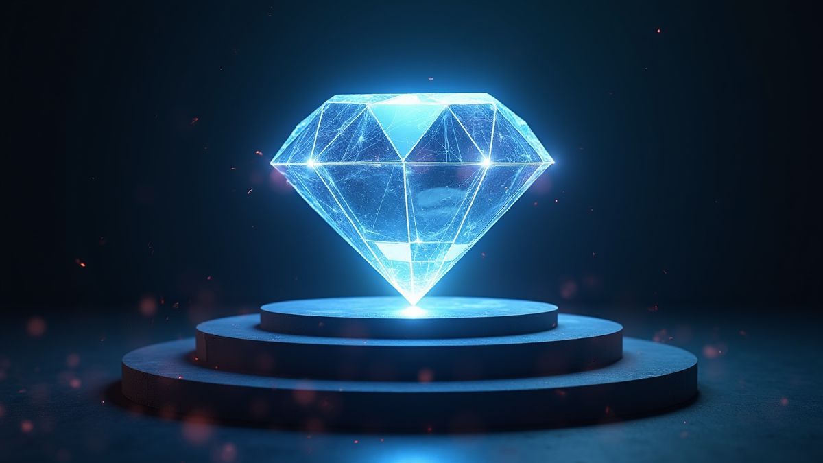 Een glanzende futuristische diamant op een technologisch voetstuk.