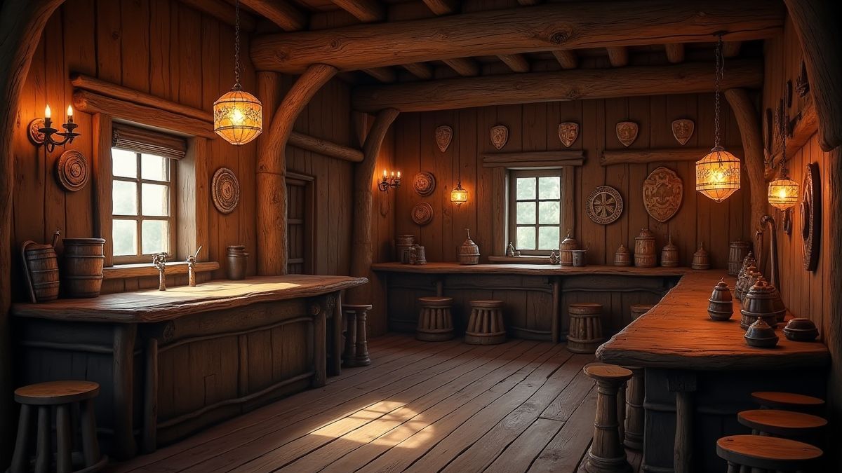 Uma taberna vikinga com barris e escudos colgados nas paredes.