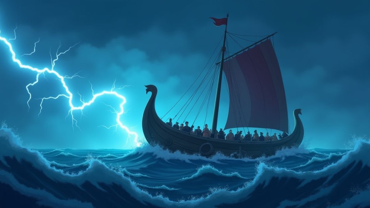 Vikingschip dat door een stormachtige zee vaart met bliksem op de achtergrond.