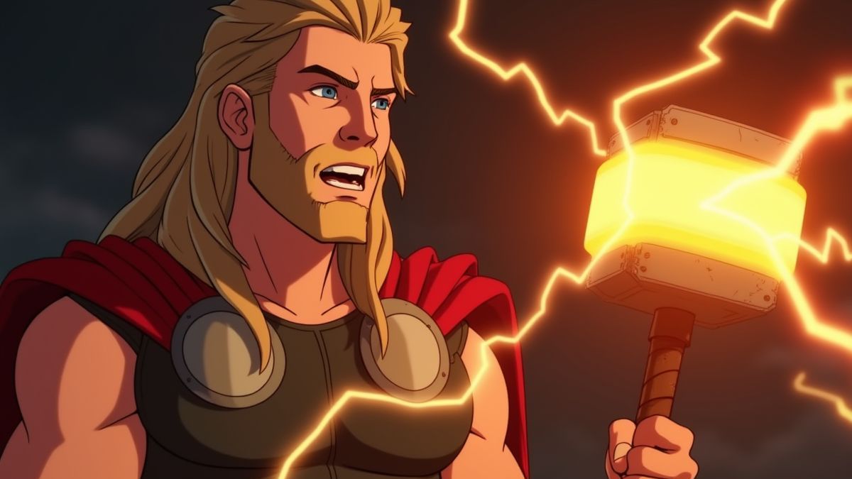 Thor die zijn hamer vasthoudt, omringd door stralende bliksem.