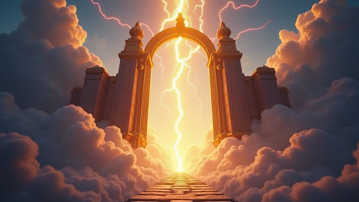 De gouden poorten van Asgard omringd door wolken en bliksem.