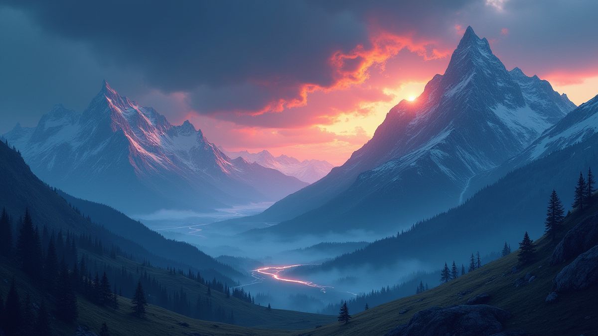 Nordisches Berglandschaftsbild mit leuchtenden Runen und bedrohlichen Sturmwolken.