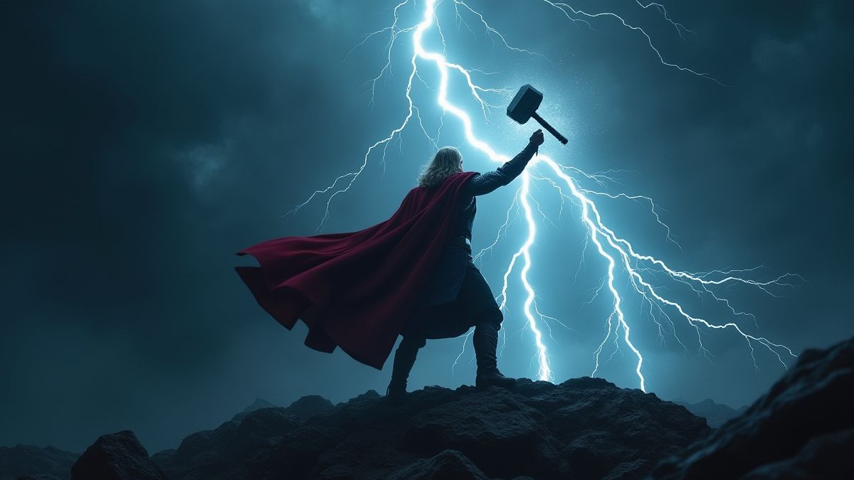 Thor wirft seinen Hammer umgeben von Blitzen in einem dunklen stürmischen Himmel.