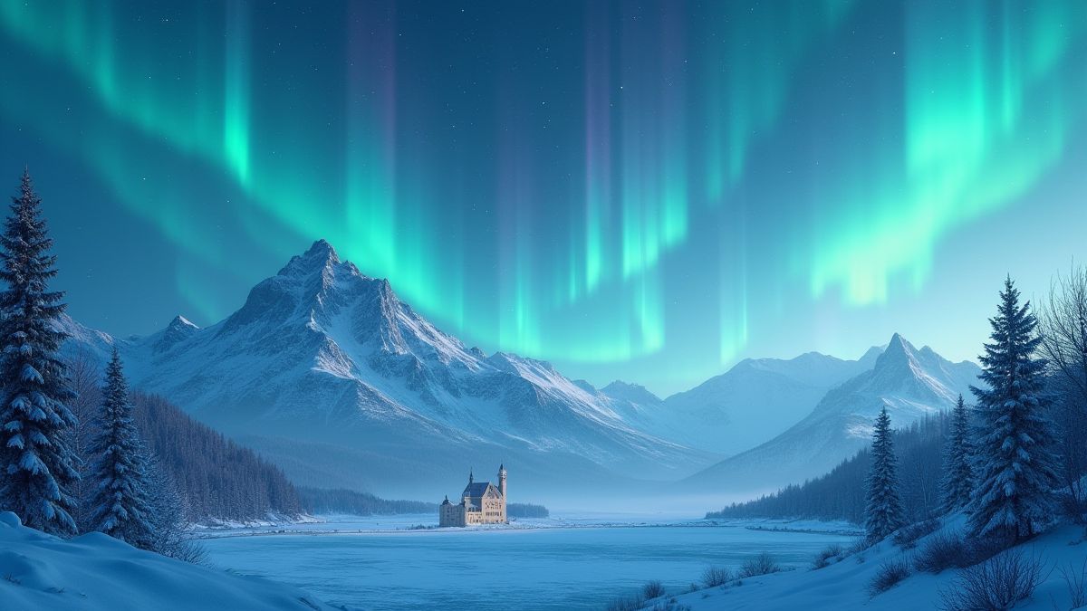 Nordische Landschaft mit Polarlichtern und Schlössern im Hintergrund.