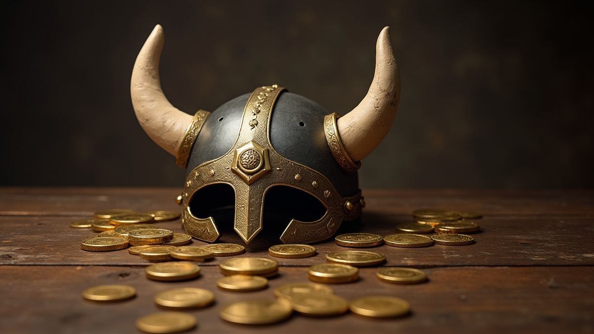 Een Vikinghelm op een houten tafel omringd door gouden munten.