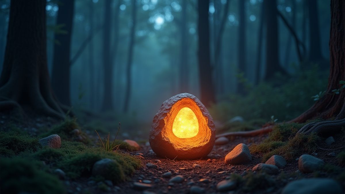 Een gloeiende runesteen in een mystiek bos.