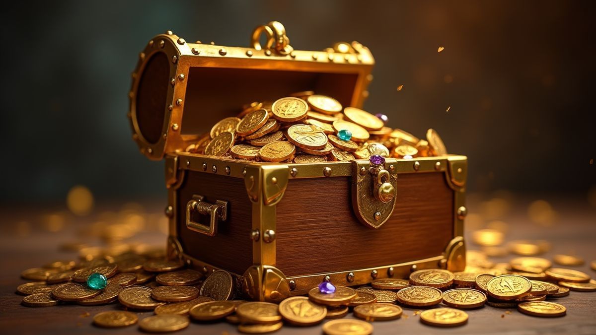 Een gouden schatkist vol met munten en juwelen.