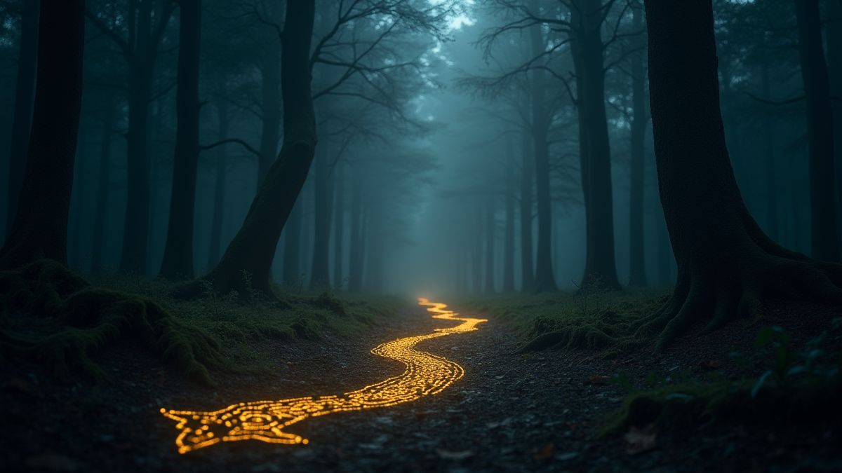 Ein nordischer Wald mit leuchtenden Runen auf dem Boden