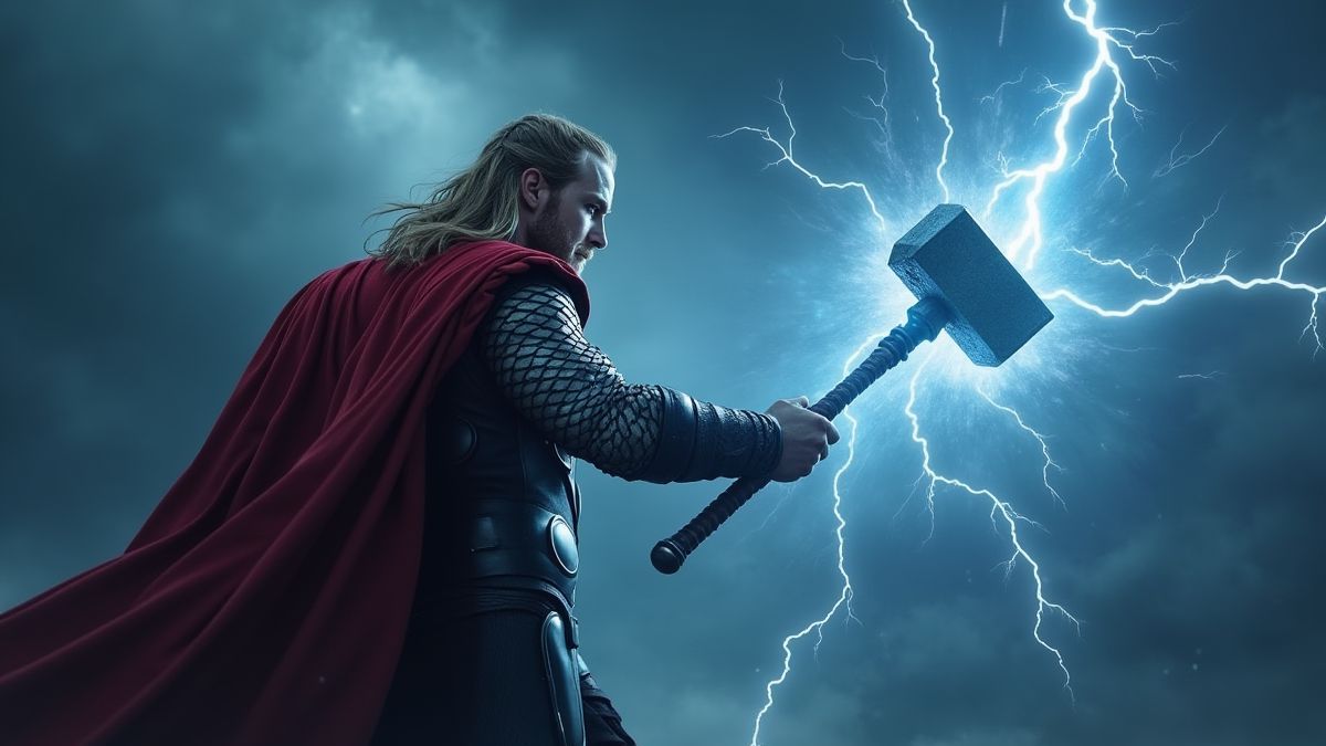 Thor schlägt seinen Hammer unter einem stürmischen Himmel
