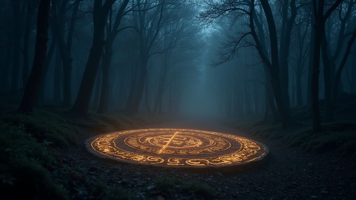 Norse runes glowing in a dark forest