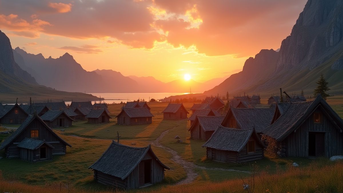 Viking village at sunset with mountains in the background