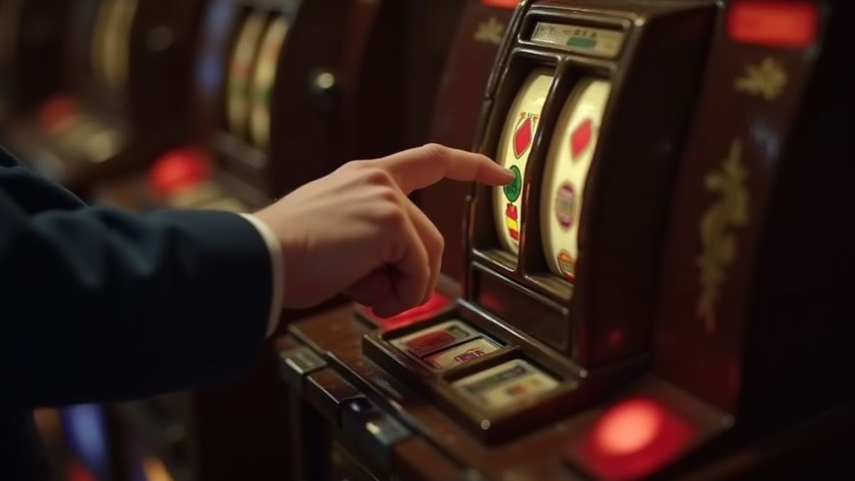 Une main appuyant sur le bouton de rotation d'une machine à sous classique.