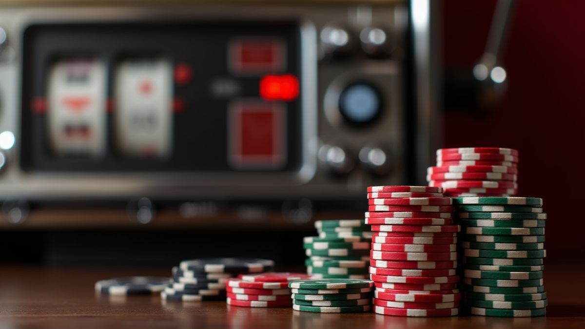 Une pile de jetons de poker à côté d'une machine à sous classique.