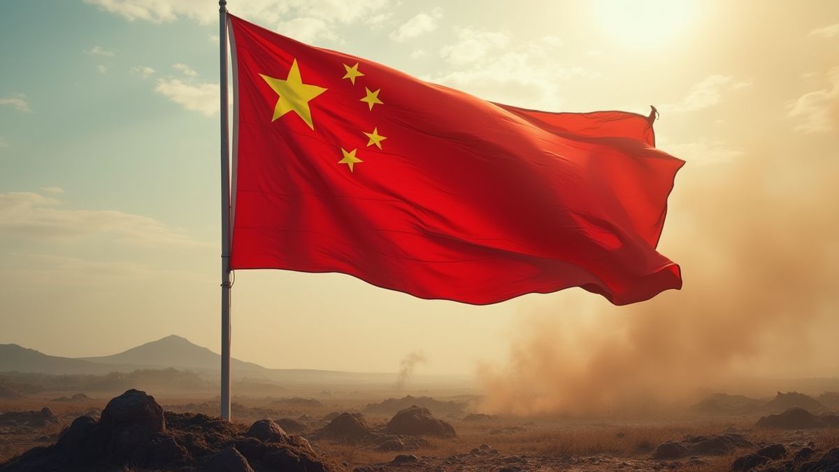 Bandera china ondeando en un campo de batalla.