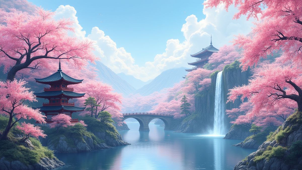 Friedliche asiatische Landschaft mit traditionellen Elementen wie blühenden Kirschbäumen und Pagoden.