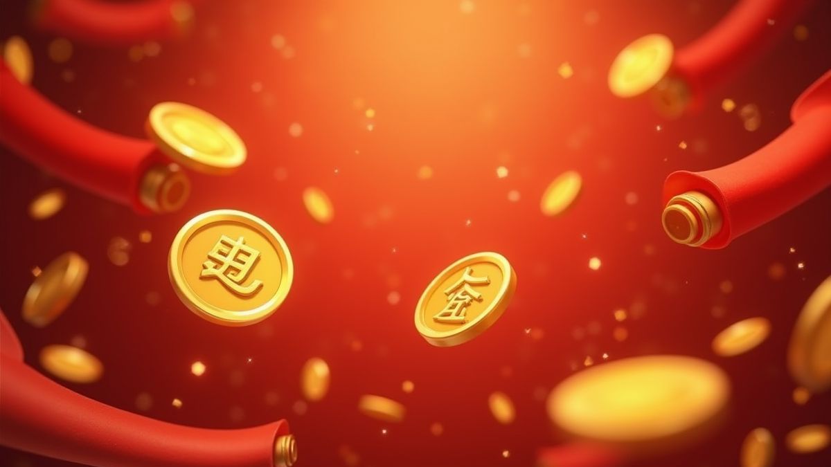 Schwebende goldene Münzen und rote Schriftrollen mit leuchtenden Effekten.