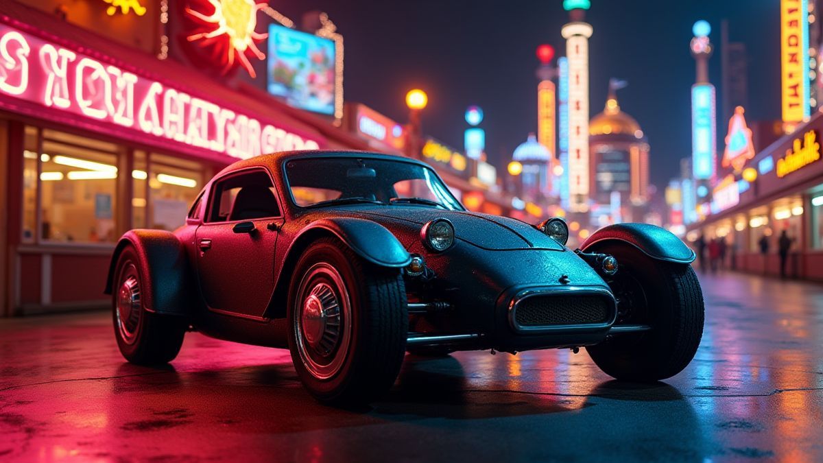 Retro Fahrzeug mit drei Rädern, umgeben von Neonlichtern und Karnevalselementen.