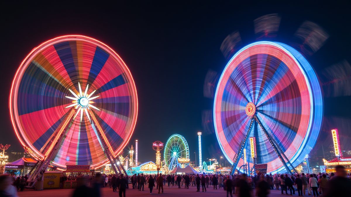 Lebendige Szene eines Karnevals mit sich drehenden Rädern und blinkenden Lichtern.