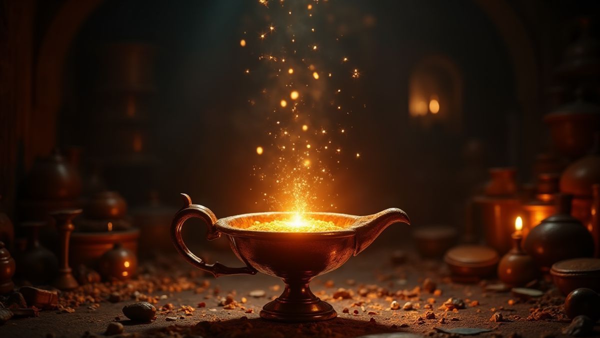 Une lampe magique brillante entourée de destins dans une salle sombre pleine de trésors.