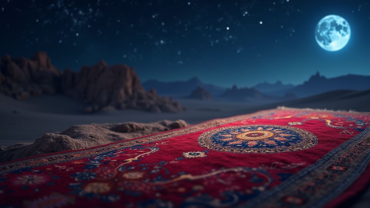 Une tapis enchanté dans un cadre arabe mystique sous la lumière des étoiles et de la lune.