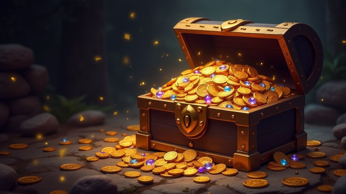 Un coffre au trésor débordant de pièces d'or et de bijoux dans un cadre magique.
