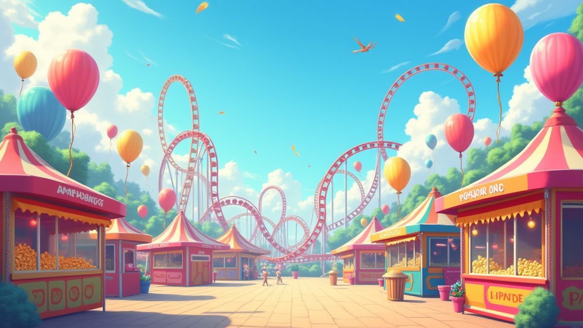 Escena de parque de atracciones con montañas rusas y puestos de palomitas.
