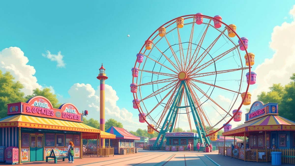 Parque de atracciones colorido con una noria y puestos de feria.