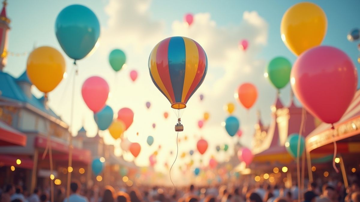 Globos flotando en el aire con un ambiente de feria de fondo.
