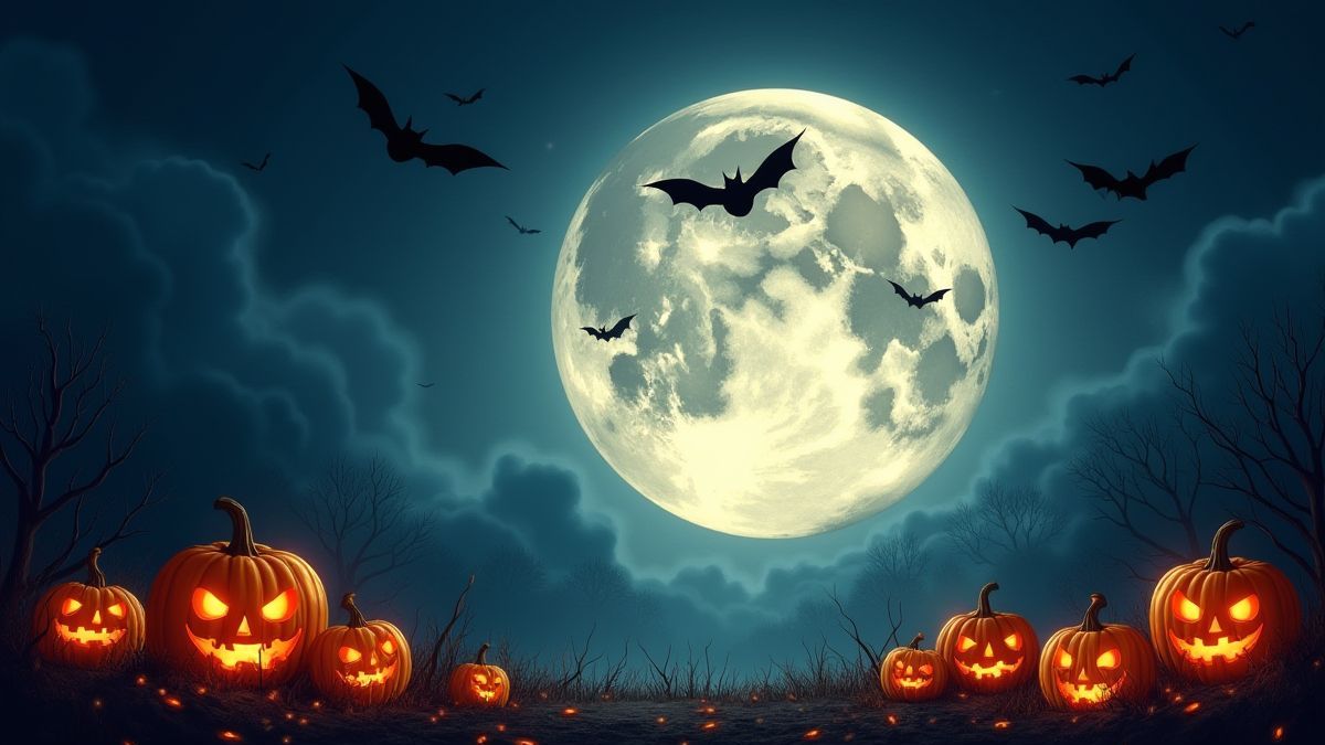 Une lune pleine avec des chauves-souris et des citrouilles illuminées sur le sol.