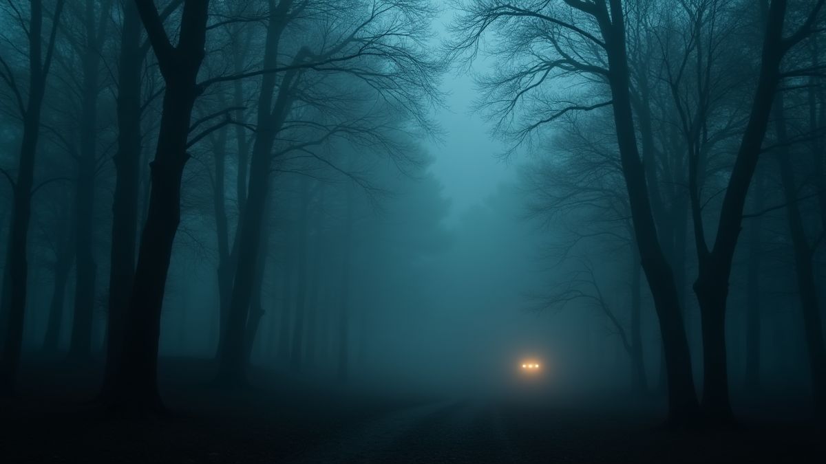Une forêt avec de la brume et des yeux brillants observant depuis les ombres.