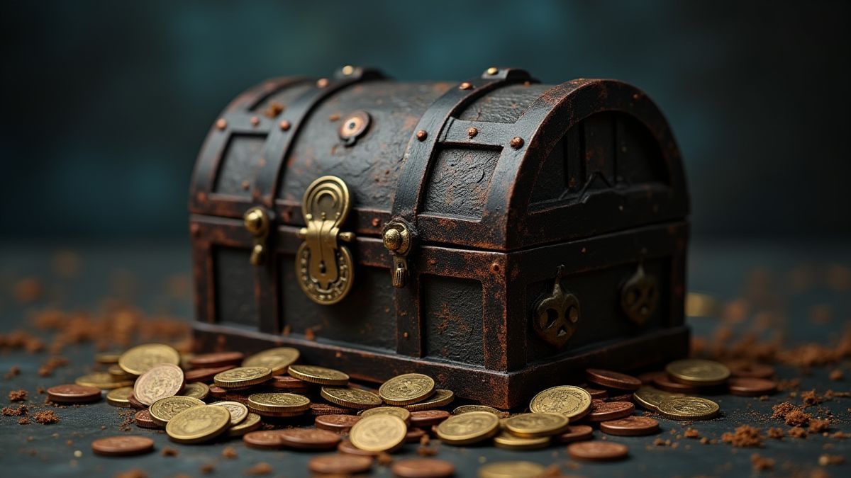 Monnaies éparpillées autour d'un coffre au trésor hanté.