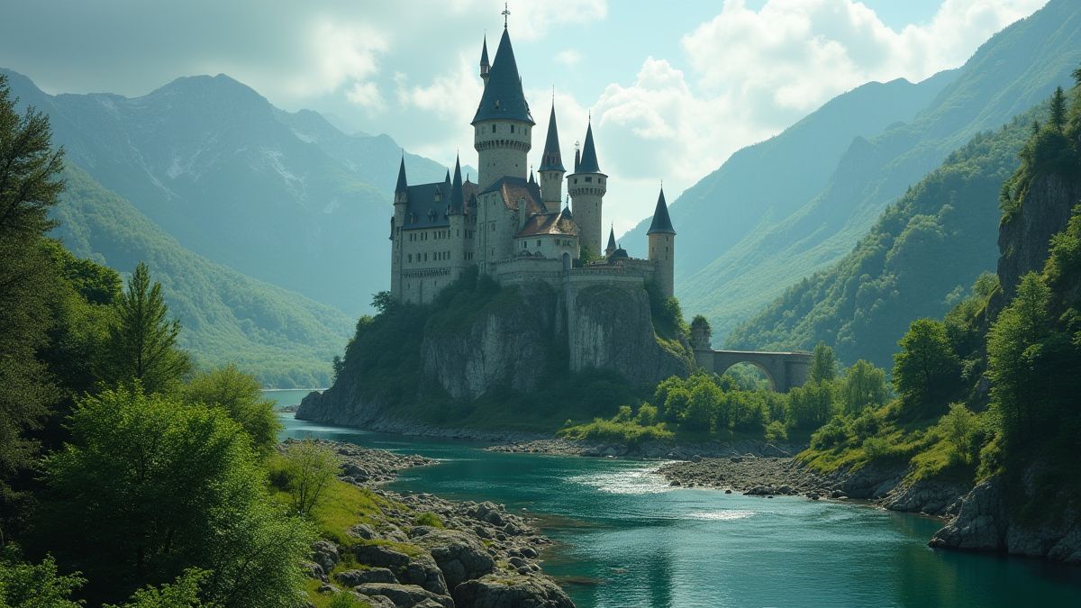 A medieval castle surrounded by green hills and a sparkling river.