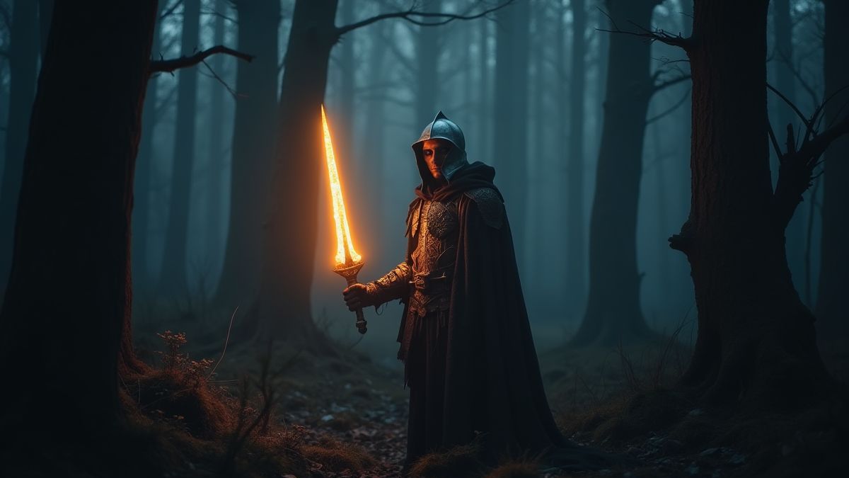 A medieval knight holding a glowing sword in a dark forest.