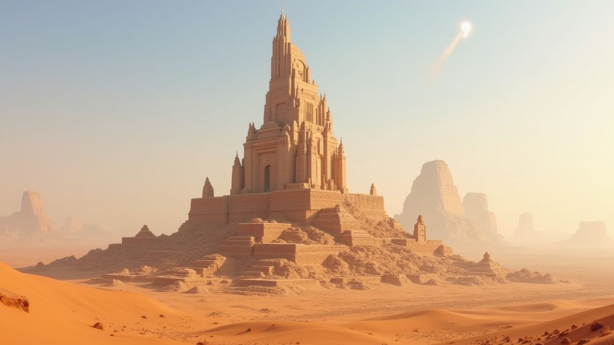 Ziggurat rodeado de un paisaje desértico.