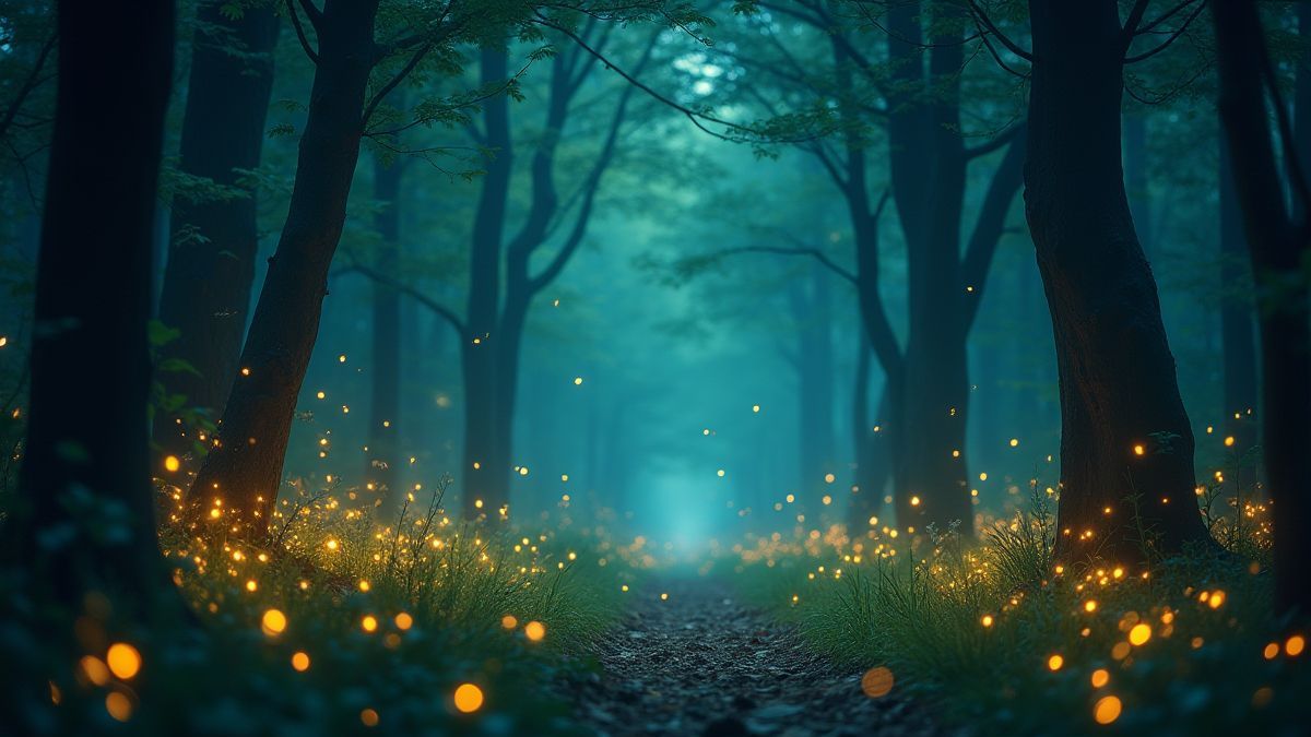 Bosque mágico lleno de criaturas como hadas y luciérnagas.
