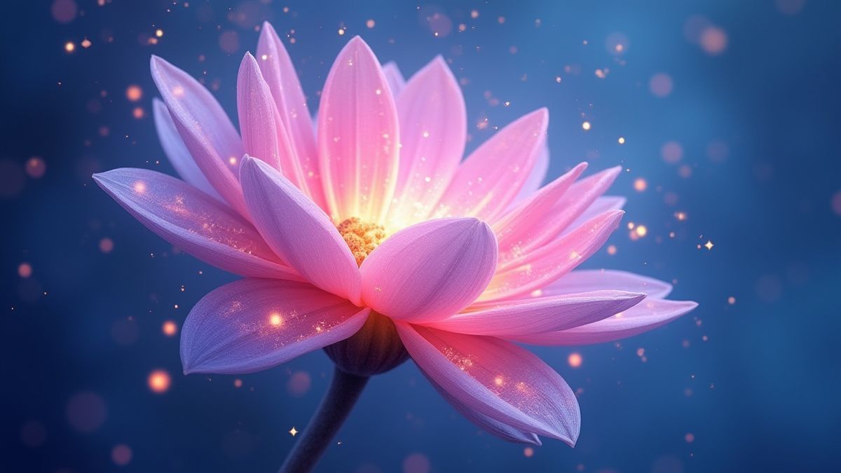 Flor mágica brillante en tonos rosados y azules.