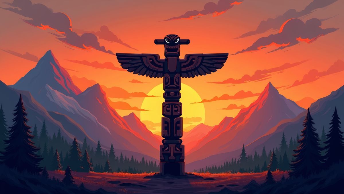 Un totem entouré par un coucher de soleil et des montagnes en arrière-plan.