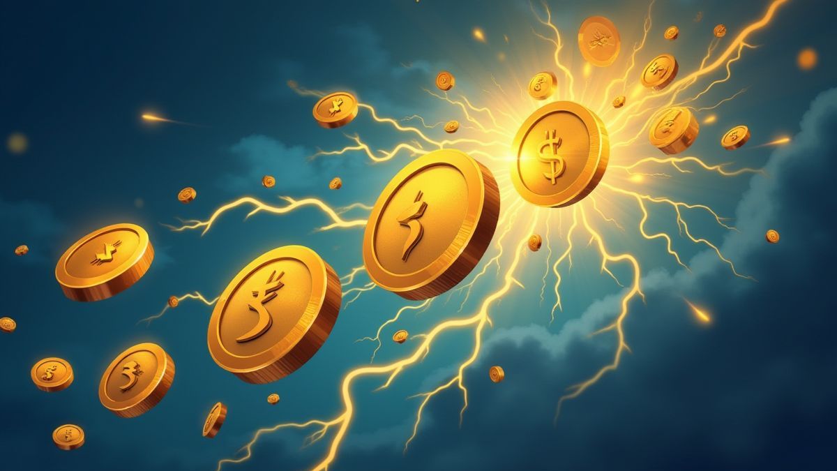 Goldene Münzen, die durch ein Gewitter mit Blitzen fliegen.