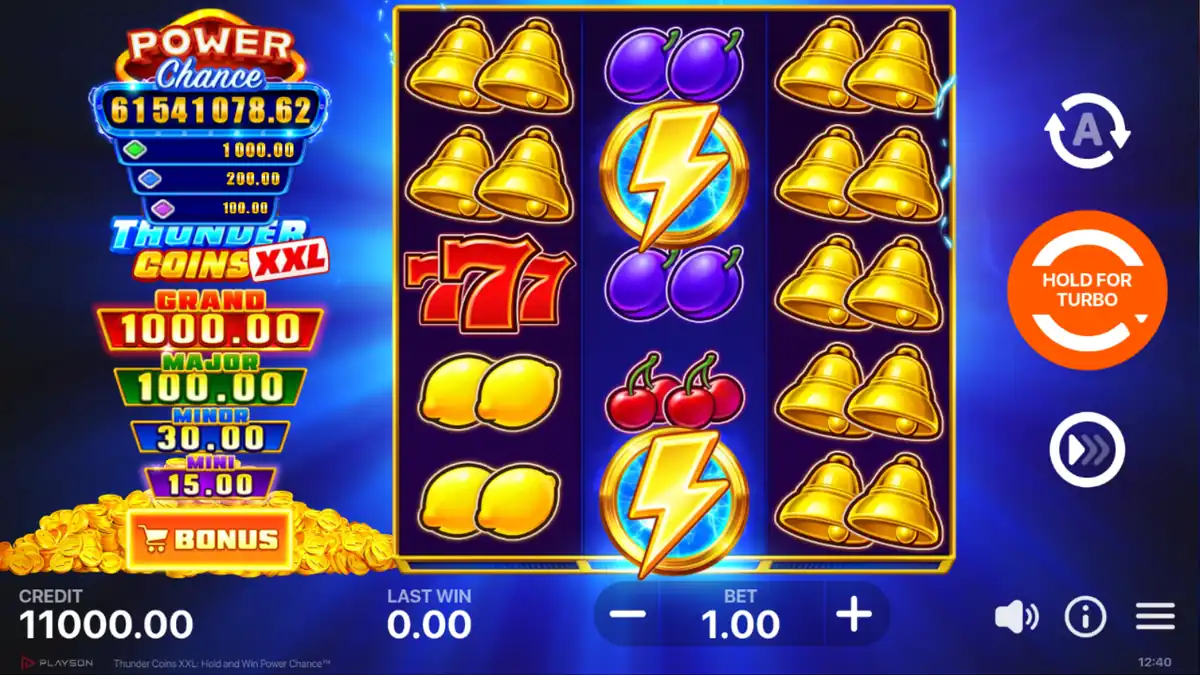 Jogo base de Thunder Coins XXL em 3 carretéis e 5 linhas com medidores de Power Chance e jackpots fixos